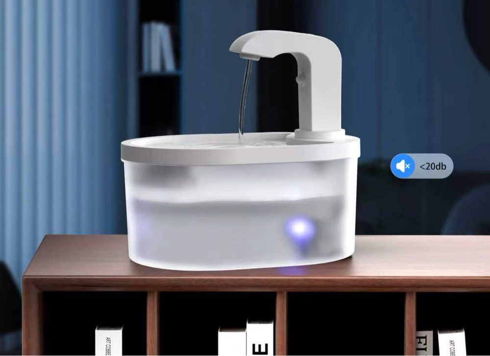 Quiet pet water fountain in a bedroom setting