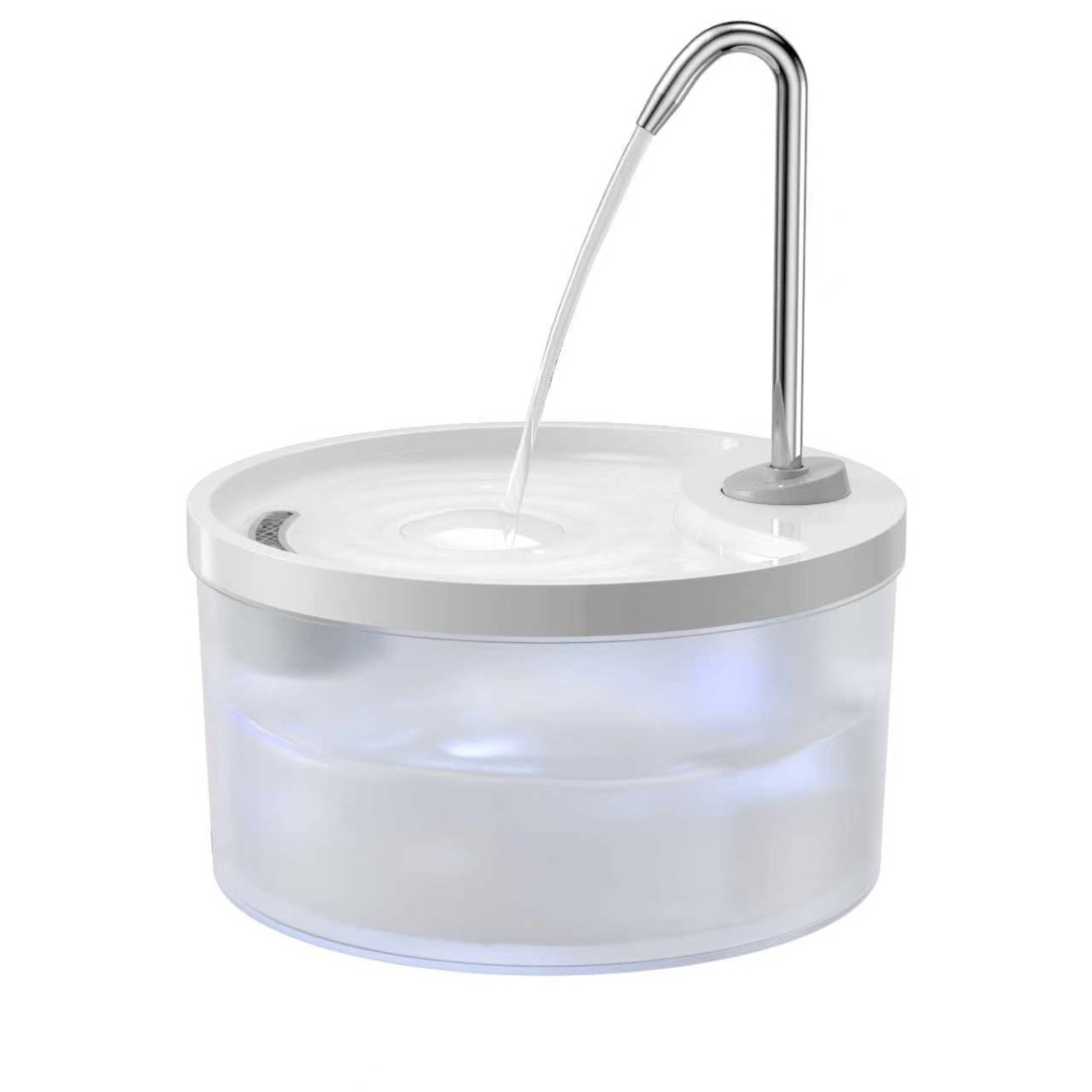 White round plastic plug-in pet water fountain with transparent tank and gooseneck faucet