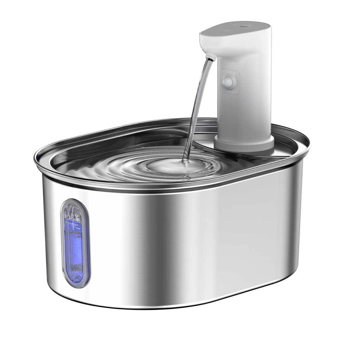 Oval stainless steel rechargeable sensor pet water fountain with top sensor module and blue water-level window