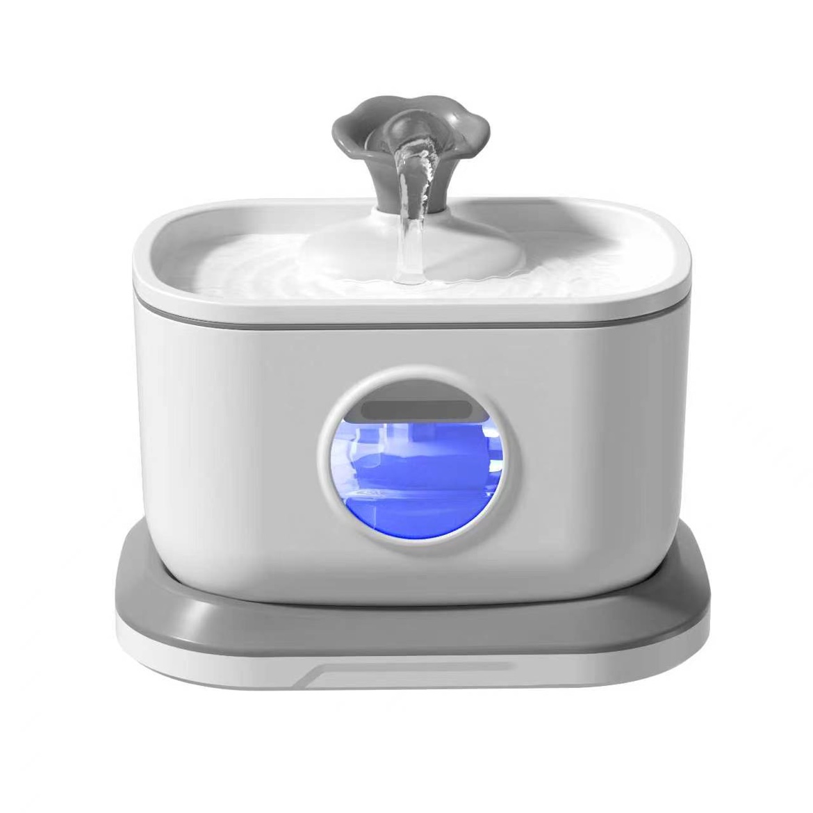 White and gray flagship wireless-pump pet fountain with blue round water-level window and flower bubbler